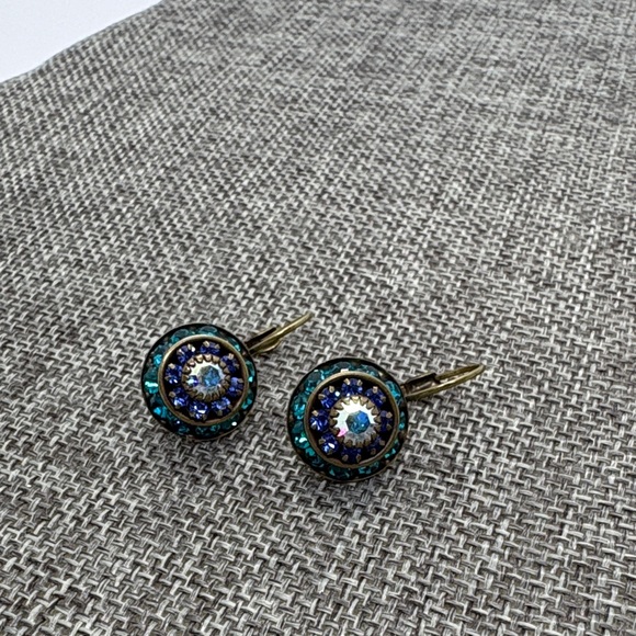 Liz Palacios Swarovski Crystal Blue and Antique Brass Dangle Earrings - Picture 6 of 10